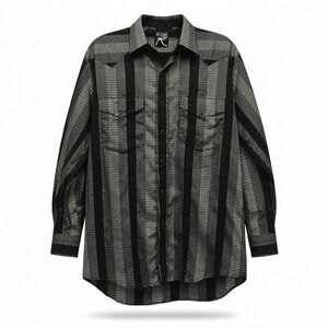 Vintage Roper Mens Large Western Shirt Black Gray Striped Pearl Snap Long Sleeve